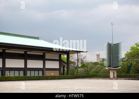 TOKYO, JAPAN - CIRCA APR, 2013: Chowaden Reception Hall with main entrance and monument. Tokyo Imperial Palace complex is the primary residence of the Stock Photo
