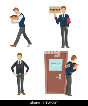 Getting fired flat vector illustration. man dismissed from work going with a box of personal belongings. Stock Vector