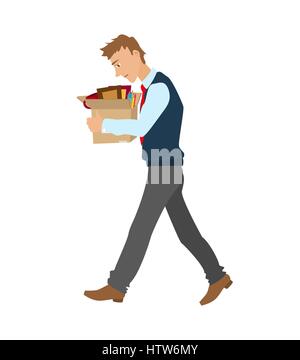 Getting fired flat vector illustration. man dismissed from work going with a box of personal belongings. Stock Vector