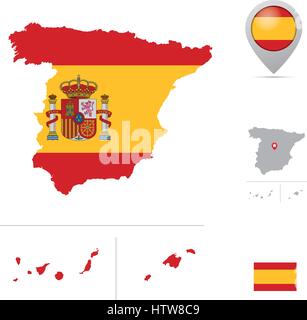 Spain map in national flag colors, flag,  marker and location of capital. Stock Vector