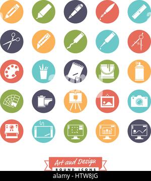 Collection of 25 round art and design related vector icons in five colors Stock Vector