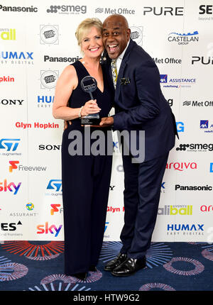 Carol Kirkwood with the award for Weather Presenter alongside Ainsley Harriott during the 2017 Television and Radio Industries Club Awards, Grosvenor House, Park Lane, London. Stock Photo