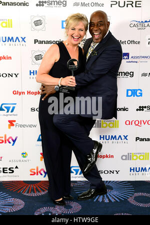 Carol Kirkwood with the award for Weather Presenter alongside Ainsley Harriott during the 2017 Television and Radio Industries Club Awards, Grosvenor House, Park Lane, London. Stock Photo