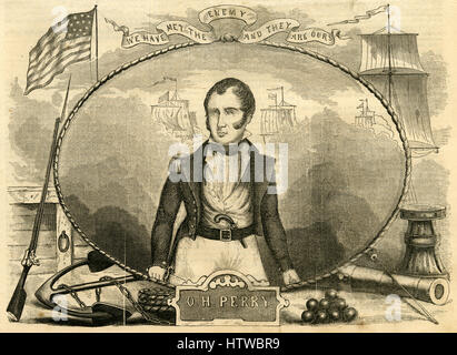 Antique 1854 engraving, Oliver Hazard Perry. Oliver Hazard Perry (1785-1819) was an American naval commander, born in South Kingstown, Rhode Island. He is most noted for his heroic role in the War of 1812 during the 1813 Battle of Lake Erie. SOURCE: ORIGINAL ENGRAVING.