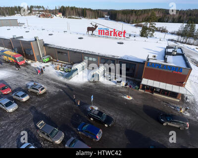 NUIJAMMAA, FINLAND - CIRCA FEB, 2017: Laplandia market is one of Finland’s cheapest stores located on Russian-Finnish border. The most popular place f Stock Photo