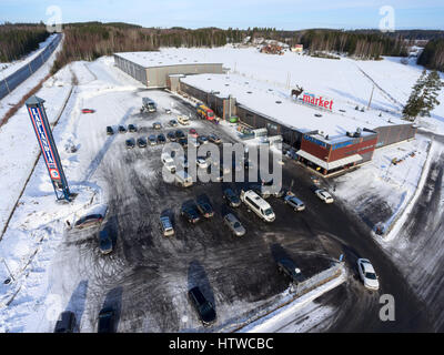 NUIJAMMAA, FINLAND - CIRCA FEB, 2017: Panoramic aerial view at Laplandia market. Finland’s cheapest store is located on Russian-Finnish border. The mo Stock Photo