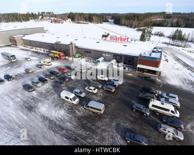 NUIJAMMAA, FINLAND - CIRCA FEB, 2017: Huge building of shopping mall the Laplandia market is located on Russian-Finnish border. The most popular place Stock Photo