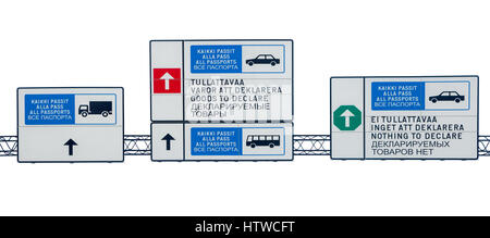 Traffic signs follow the type of lane are bi-lingual in English, Russian and Finnish. Isolated on white background Stock Photo