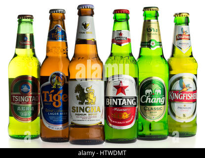 Selection of asian lager beers isolated on a white background Stock Photo