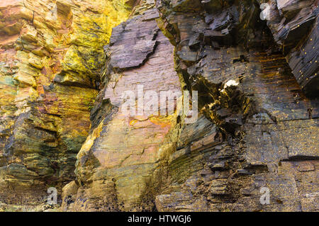 Slate and schist rock walls at Beach of the Cathedrals Natural Monument at Ribadeo municipality, Lugo province, Galicia, Spain, Europe Stock Photo