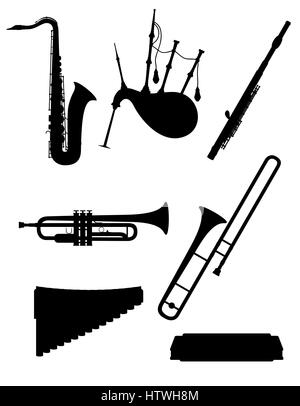 wind musical instruments set icons black outline silhouette stock vector illustration isolated on white background Stock Vector