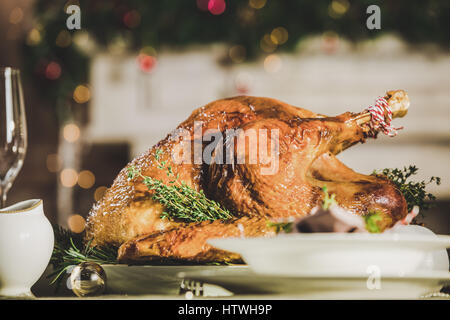 Close-up view of delicious roasted turkey on holiday table Stock Photo