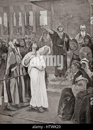 Athaliah hears the proclamation of Joash, 836 B.C. After the massacre at Jehu, Israel and the house of David, Athaliah murdered the whole royal family of Judah, except for her grandson Joash, who escaped. Six years later he was proclaimed king and Athaliah was taken prisoner and executed.  From Hutchinson's History of the Nations, published 1915. Stock Photo