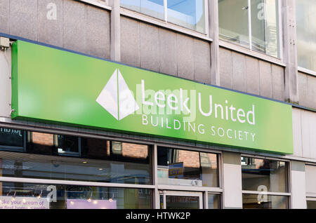 Sign above Leek United Building Society branch in Derby Stock Photo