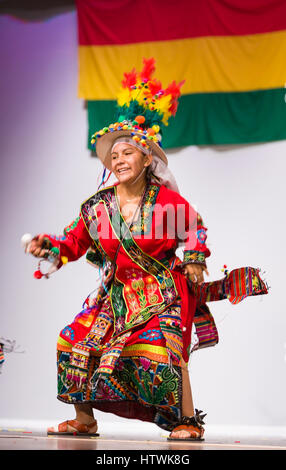 ARLINGTON, VIRGINIA, USA - Bolivian folk dancing group performs the Tinku dance during competition. Arlington has a large Bolivia immigrant community. Stock Photo