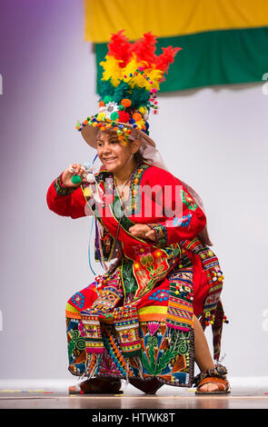 ARLINGTON, VIRGINIA, USA - Bolivian folk dancing group performs the Tinku dance during competition. Arlington has a large Bolivia immigrant community. Stock Photo