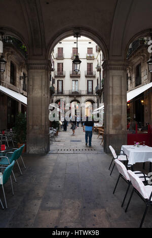Urban architecture in old Gothic Quarter of Barcelona arched passage from Placa Reial, Catalonia, Spain Stock Photo