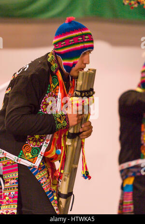 ARLINGTON, VIRGINIA, USA - Bolivian folk dancing group performs the Tinku dance during competition. Arlington has a large Bolivia immigrant community. Stock Photo