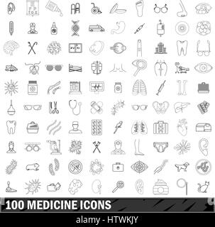100 medicine icons set, outline style Stock Vector