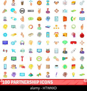 100 partnership icons set, cartoon style Stock Vector