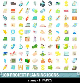 100 project planning icons set, cartoon style Stock Vector