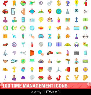 100 time management icons set, cartoon style Stock Vector