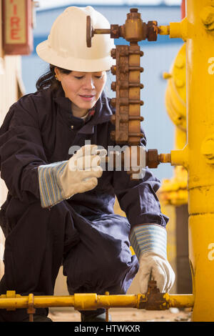 Female power engineer checking fuel line sensors at power plant Stock Photo