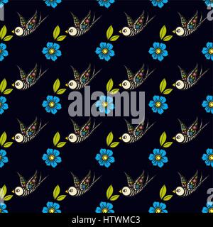 Swallows and flowers in an old-style tattoo. The day of the Dead. A seamless pattern on a black background. Stock Vector