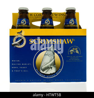 Winneconne, WI - 22 February 2017:  Six pack of Scrimshaw beer on an isolated background. Stock Photo