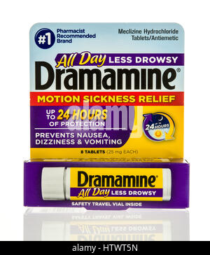 Winneconne, WI - 22 February 2017:  Package of Dramamine motion sickness relief on an isolated background. Stock Photo