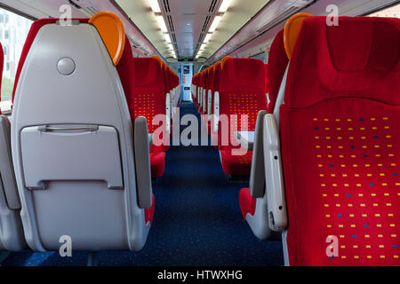 Seating and interior of an East Midlands Trains train carriage, England, UK Stock Photo