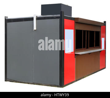 New metal street booth kiosk  in which sell  fast food- pizza, hamburgers, kebab. Isolated Stock Photo