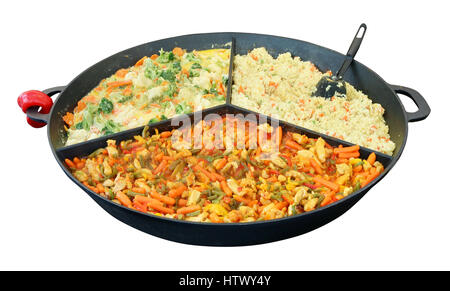 Fast street food - rice, boiled on couple, and other stewed vegetables on big iron frying pan. Isolated Stock Photo