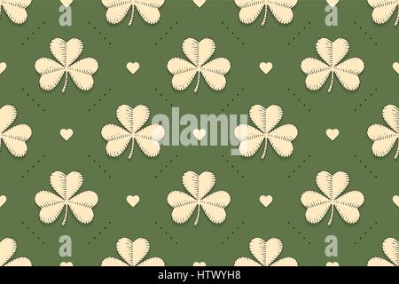 Seamless irish green pattern with clover and heart on green background. Pattern for St. Patrick Day. Old school hand-drawn design in engraving style f Stock Vector