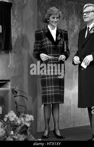 The Princess of Wales, wearing a tartan coat, at the British School of Paris in Choisy during her five-day official visit to Paris with Prince Charles. Stock Photo