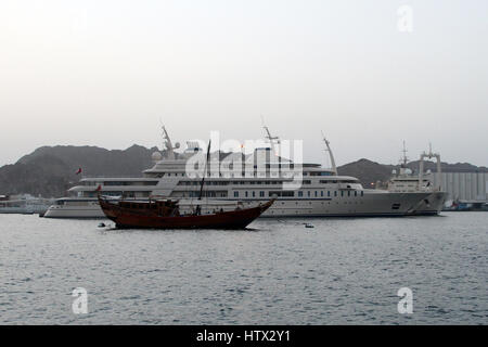 The Al Said, a luxury yacht owned by Sultan Qaboos of Oman, moored at Port Sultan Qaboos in Muttrah harbour, Muscat, Oman Stock Photo