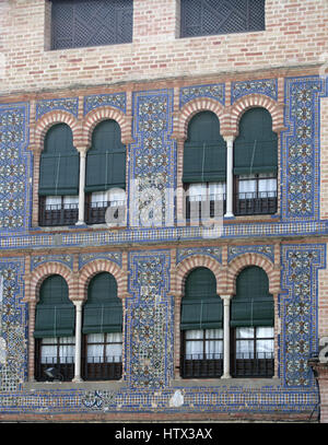 Architecture- Mudejar House frontage. Blue cuenca azuelos basin tile work, Plaza de San Fernando ,Carmona, Province of Seville, Andalusia, Spain. Stock Photo
