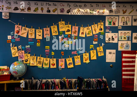 Kindergarten classroom showing teaching aids and alphabet cards Stock