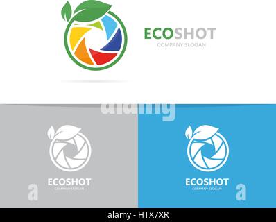 Vector of a camera shutter and leaf logo combination. Photography and eco symbol or icon. Unique photo and natural, organic logotype design template. Stock Vector