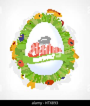 Happy Easter Eggs hunt poster or card with rabbits, flowers, herbs. Vector illustration Stock Vector