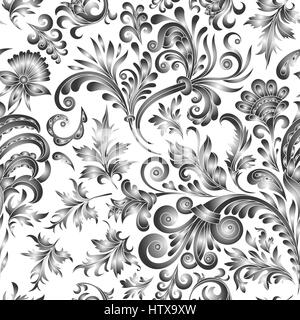 Doodle paisley seamless pattern. Gradient floral elements on white background. Gzhel. Watercolor imitation. Two colors print Stock Vector