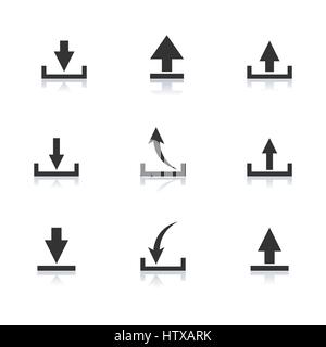 Set of black icons download with mirror reflection isolated on white background, vector illustration. Stock Vector