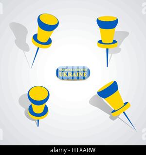 Set of pushpin in the national colors of Ukraine, vector illustration. Stock Vector