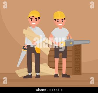 Two happy carpenters stand with tools. Vector foreman, joiner, woodworker in flat style Stock Vector