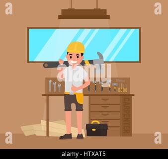 Carpenter, foreman, joiner, woodworker with large hammer and tools Stock Vector