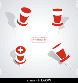 Set of pushpin in the national colors of Switzerland, vector illustration. Stock Vector