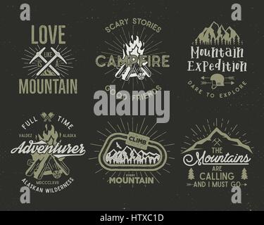 Set of mountain and scouting badges. Climbing labels, mountains expedition emblems, vintage hiking silhouettes logos and design elements. Vector retro Stock Vector