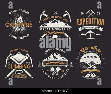 Set of mountain climbing labels, mountains expedition emblems, vintage hiking silhouettes logos and design elements. Vector retro letterpress style is Stock Vector
