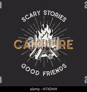 Camping t shirt design. Hand drawn vintage label with texts, textured campfire and sunbursts. Letterpress effect. Vector outdoors adventure illustrati Stock Vector