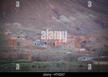 Small village with mosque in the High Atlas Mountains  in Morocco. Vintage editing Stock Photo